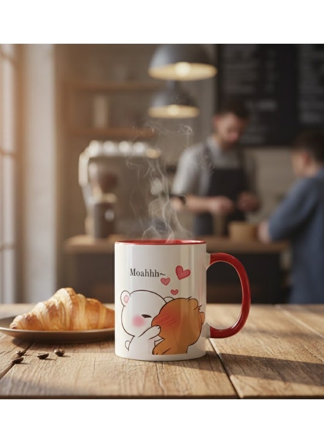 ميلز كوب قهوة سيراميك لعيد الحب - طبعة زوجين كرتونيين لطيفين مع تباين على كوب أحمر بلونين - Image 2